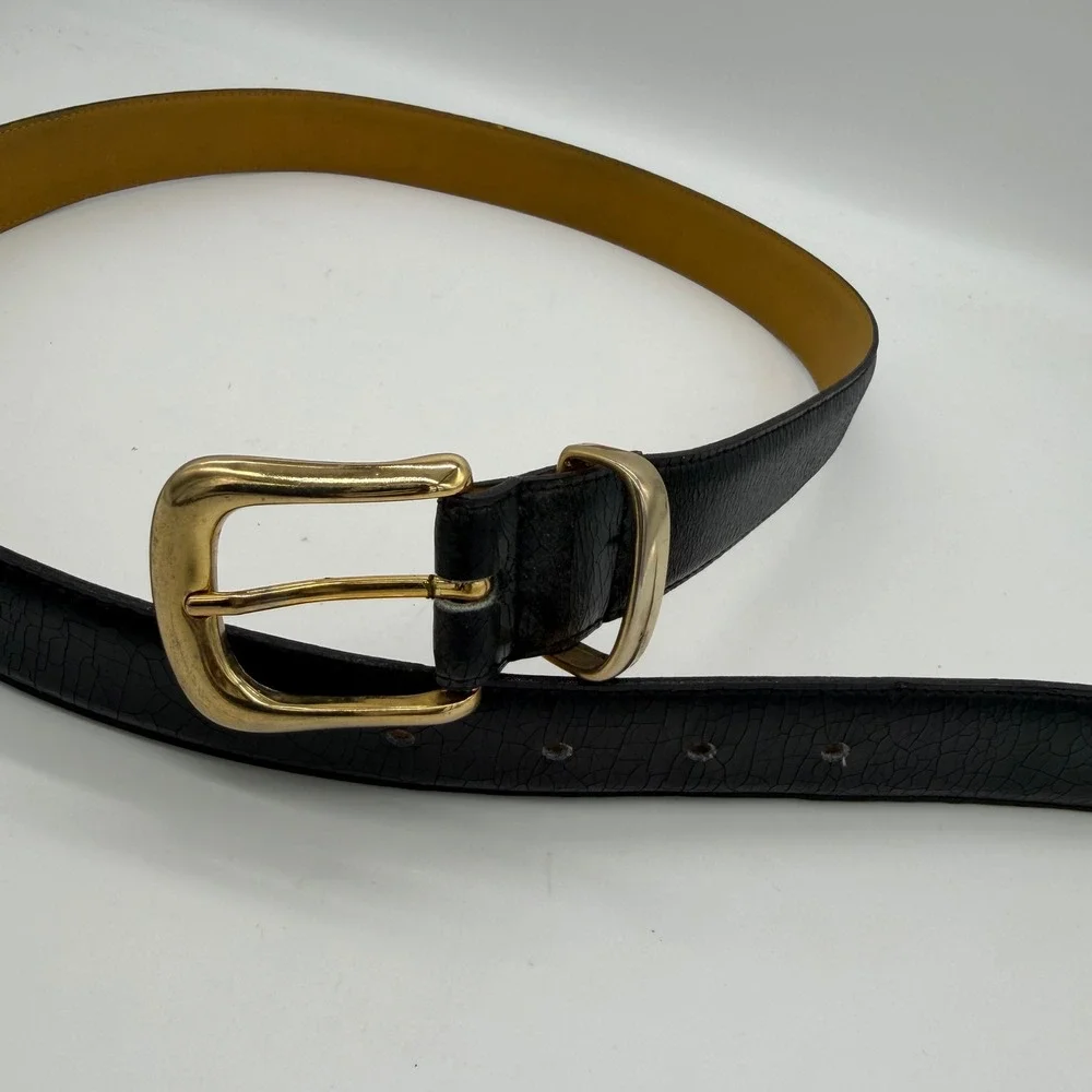 Vintage Made in Italy Black Leather Gold Buckle Belt Size L 6254
